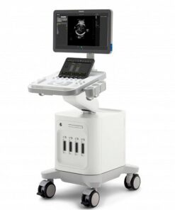 Стационарная ультразвуковая система Philips 3300. Устройство состоит из монитора на подвижном кронштейне, клавиатуры, панели управления и подставки с колесиками.