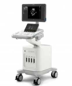 Стационарная ультразвуковая система Philips 3300. Устройство состоит из монитора на подвижном кронштейне, клавиатуры, панели управления и подставки с колесиками.