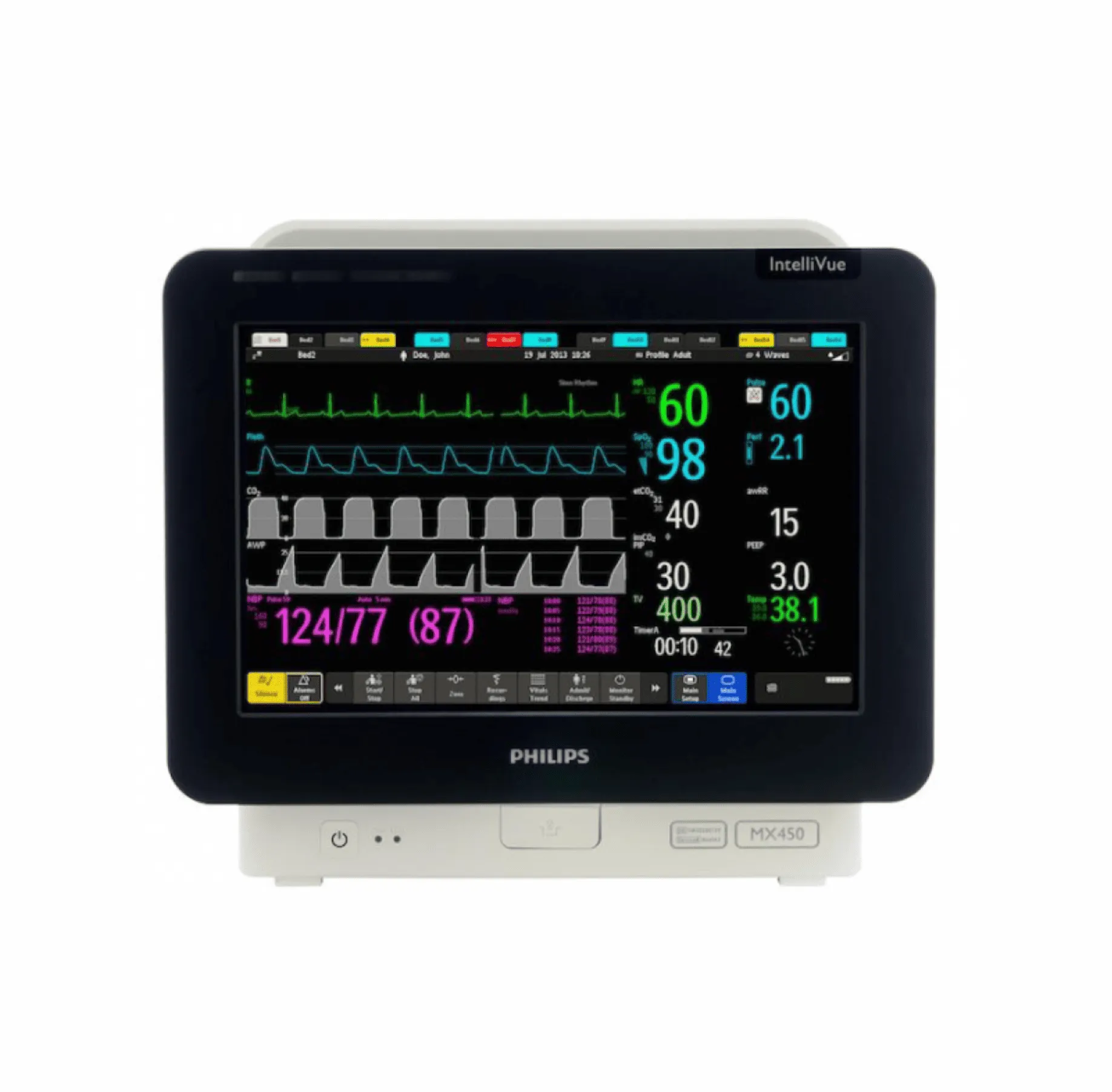 Philips IntelliVue MX450 Philips IntelliVue MX450 — прикроватный монитор пациента с 12-дюймовым сенсорным экраном